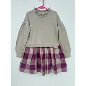 Gap Kids 2-in 1 Sweater Dress - Gray Ruffle Neck Knit & Purple Plaid Skirt Small